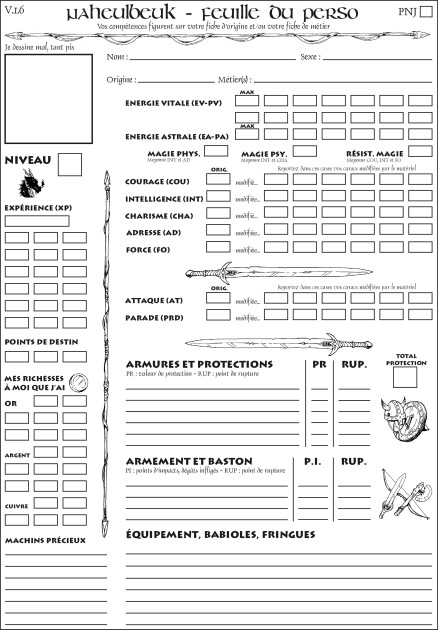 Exemple d'une feuille de personnage de jeu de rôle dans laquelle chaque compétence fait l'objet d'une évaluation et permet de déterminer des caratéristiques utiles.